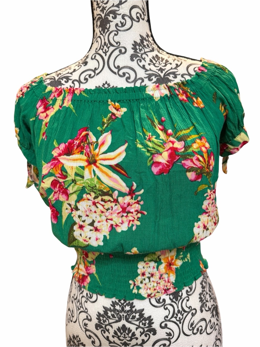 Express Floral Off-Shoulder Smocked Waist Top